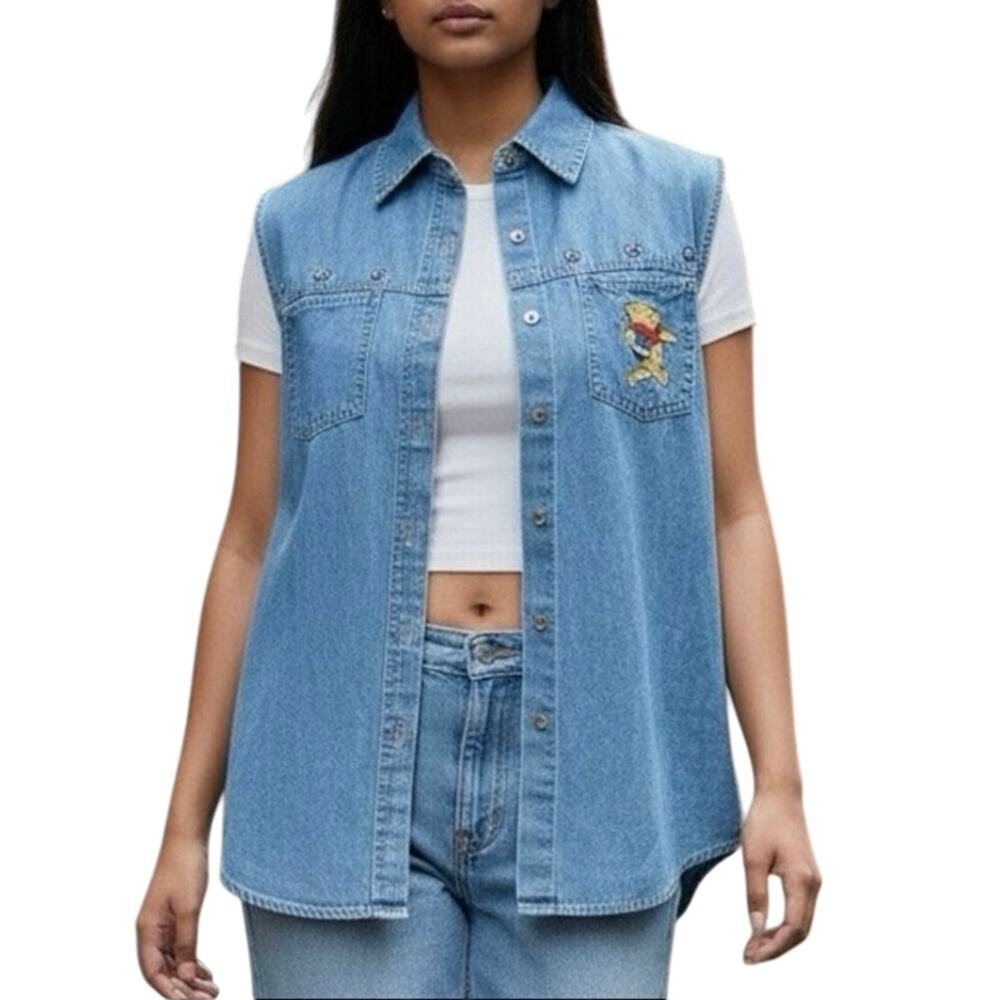 Vintage Disney Winnie the Pooh Bear denim sleeveless button embroidered L large